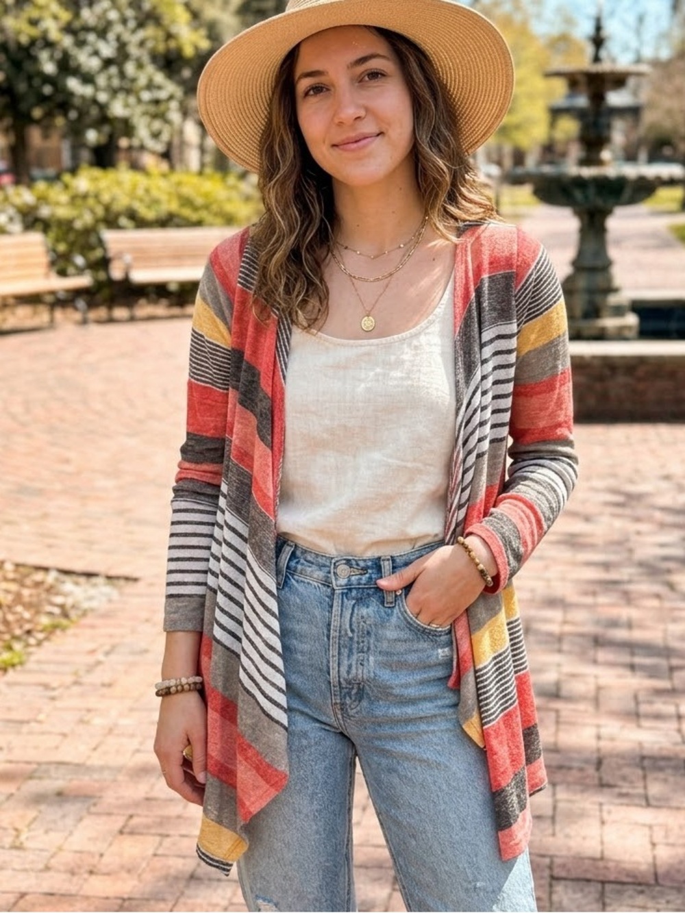 Flamingo Urban Striped Open-Front Cardigan - Red, Gray & Mustard